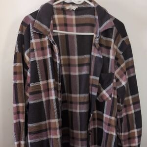 Maurices Flannel Plaid Button Down Shirt - Pink, Brown, and White